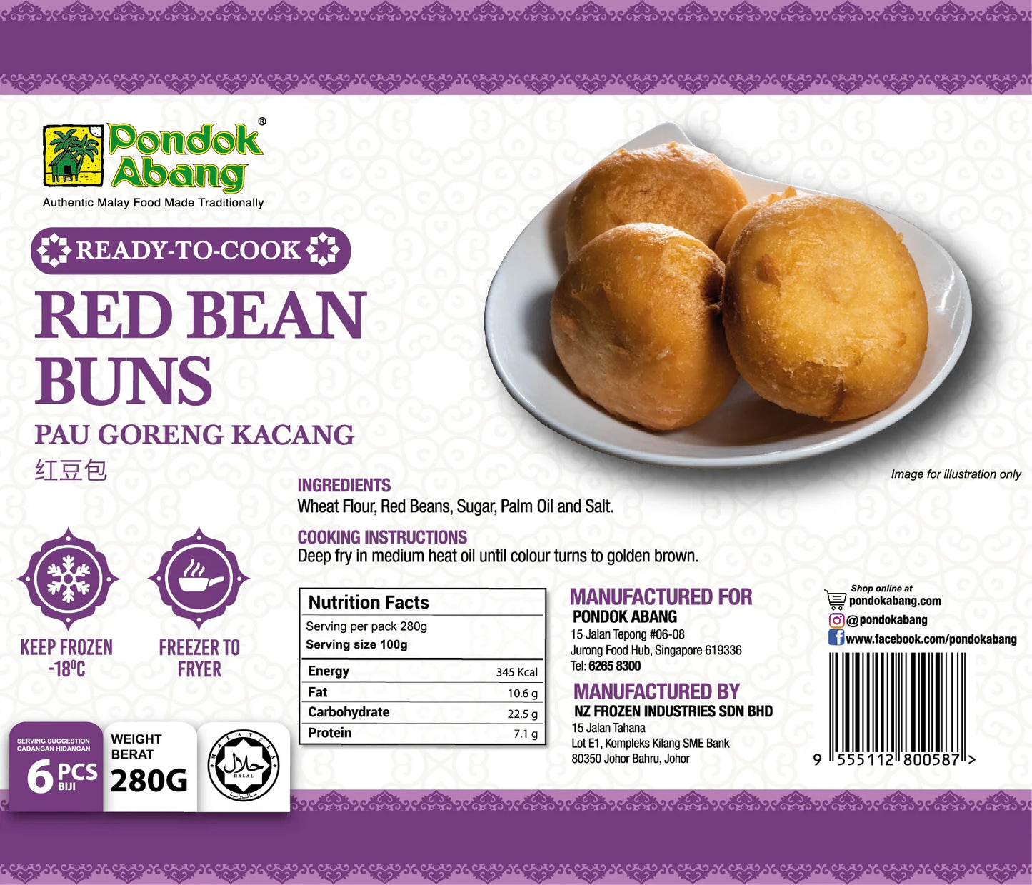 PONDOK ABANG, Fried Red Bean Bun, 6pcs, 80g