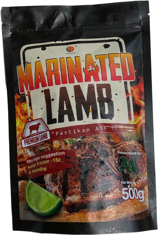 Packaging for Marinated Lamb (500g) showing the product name, brand, and an image of cooked lamb with a slice of lime.