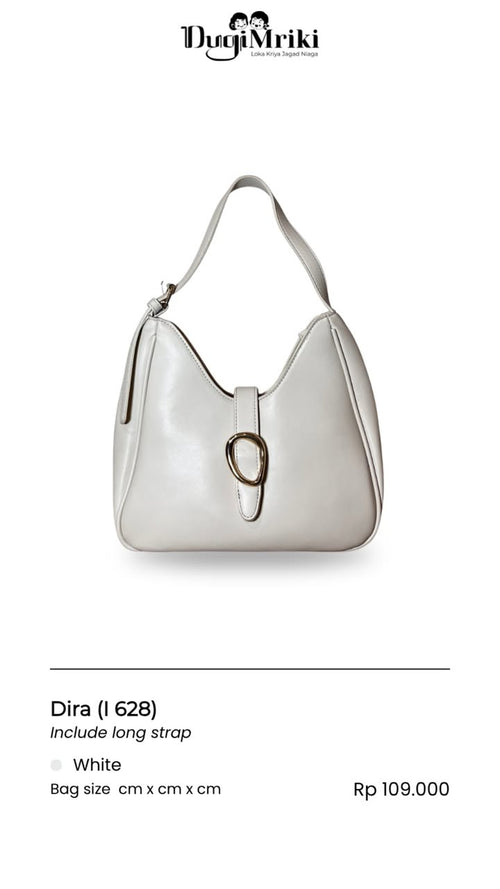 A white shoulder bag with a distinctive curved silhouette and a large circular gold ring clasp, shown on a white background with product details below.