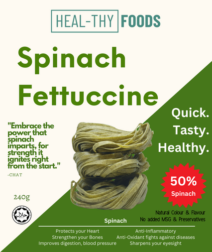 Packaging for HEAL-THY FOODS Spinach Fettuccine, highlighting the product's health benefits, quick preparation time, and natural ingredients.