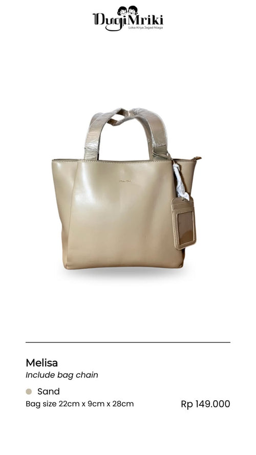A structured leather tote bag in a sandy beige color, shown against a plain white background with product details and branding text.