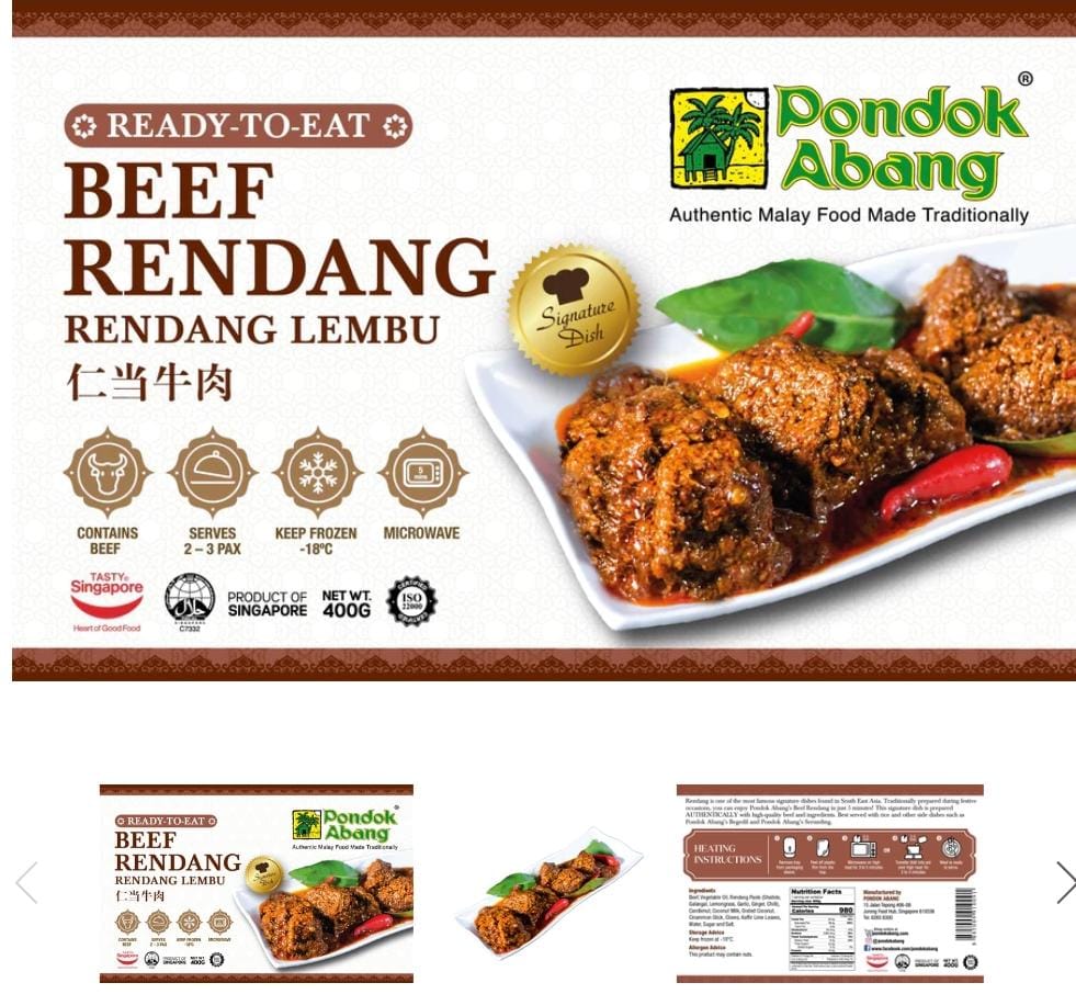 Packaging for Pondok Abang Beef Rendang featuring the product name, an image of the beef rendang dish, and nutritional information.