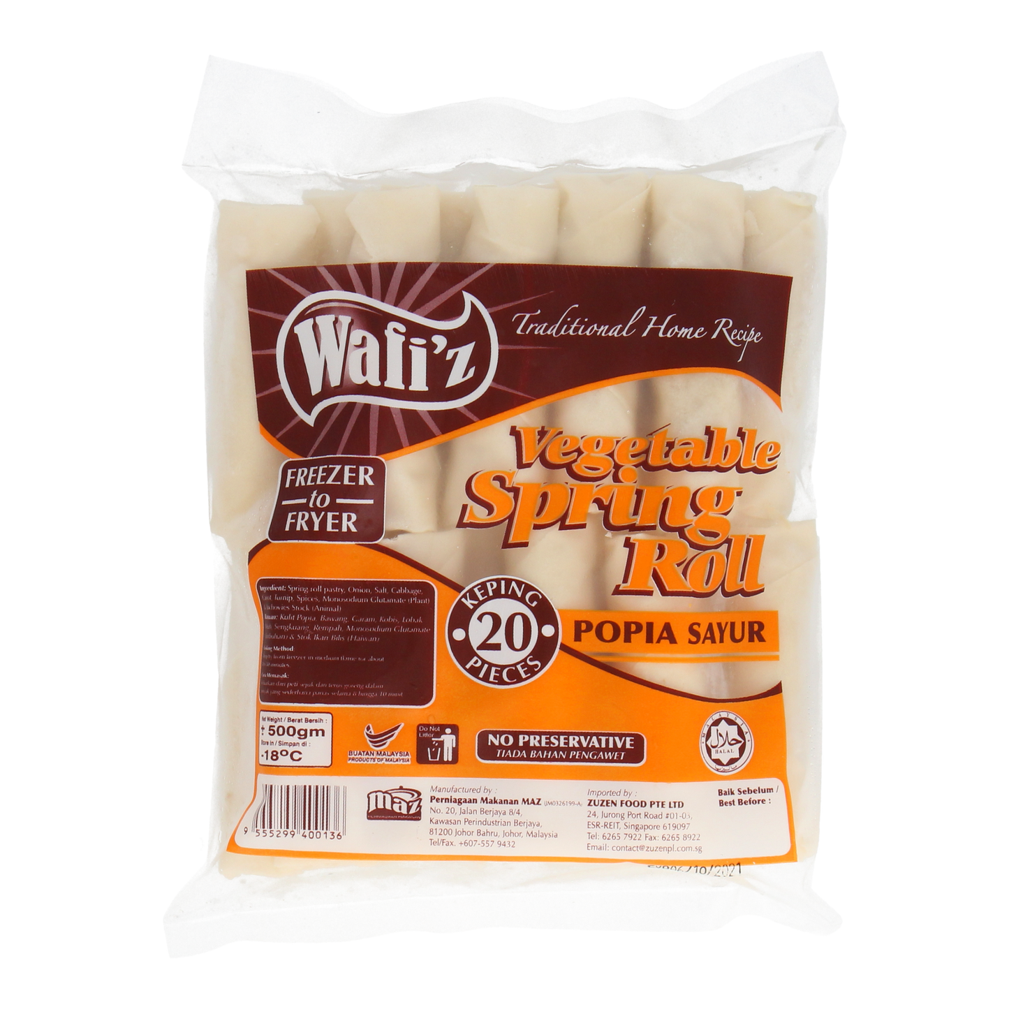 ZUZEN WAFI'Z, Vegetable Spring Roll 25g x 20pcs (500g)