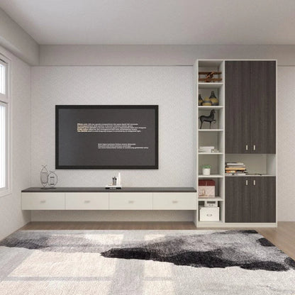 Custom TV console with a one-tier design, featuring a laminate finish in a color and design of choice, typically in a living room setting with a flat-screen TV on top.