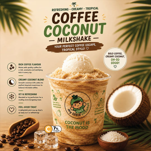 My Little Coconut Coffee Coconut Milkshake topped with coconut scoop and surrounded by fresh coffee beans available at Sadeeq