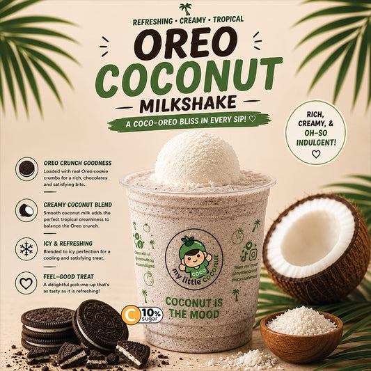 My Little Coconut Oreo Coconut Milkshake topped with coconut scoop and surrounded by real Oreo cookies available at Sadeeq