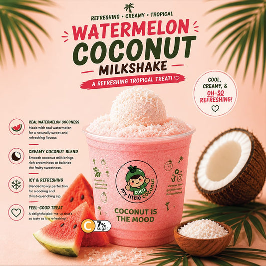 My Little Coconut Watermelon Coconut Milkshake topped with coconut scoop and surrounded by fresh watermelon slices available at Sadeeq